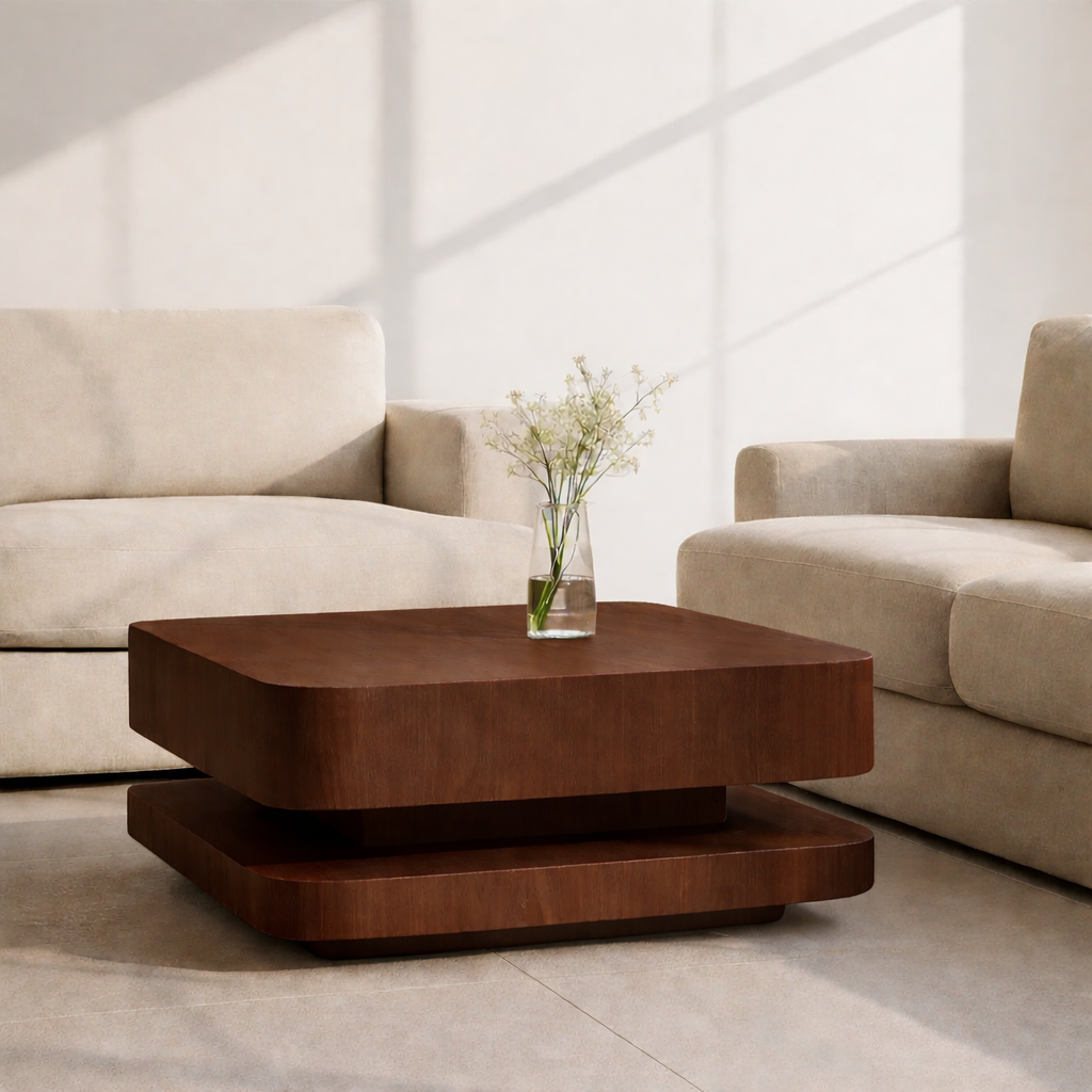 Solid Wood Coffee Table with Rounded Corners – Modern Minimalist Walnut Living Room Table