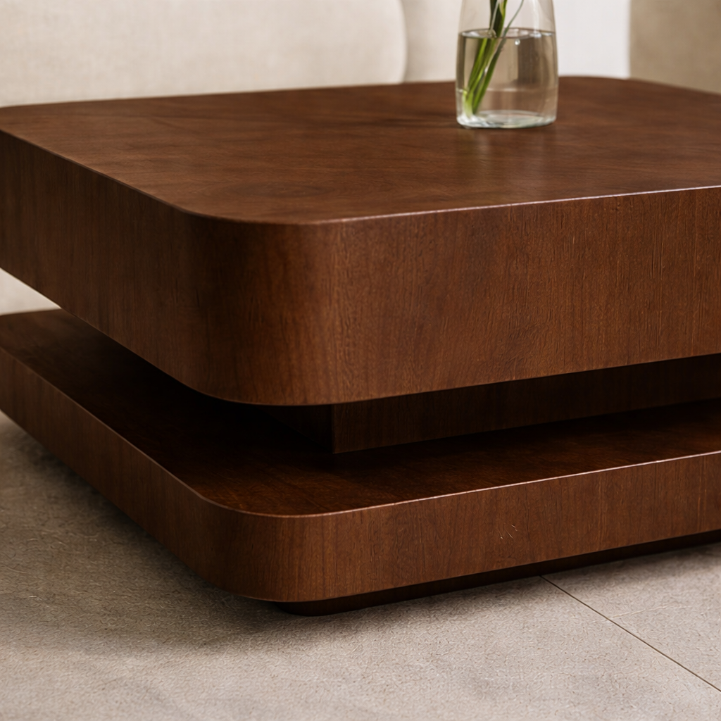 Solid Wood Coffee Table with Rounded Corners – Modern Minimalist Walnut Living Room Table