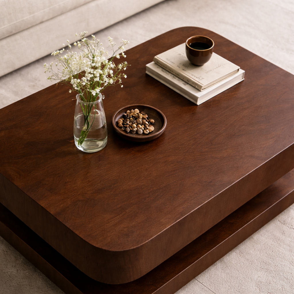 Solid Wood Coffee Table with Rounded Corners – Modern Minimalist Walnut Living Room Table