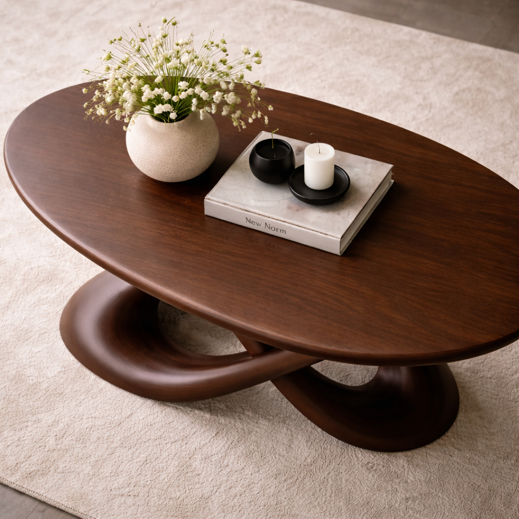 Solid Wood Sculptural Coffee Table with Curved Base