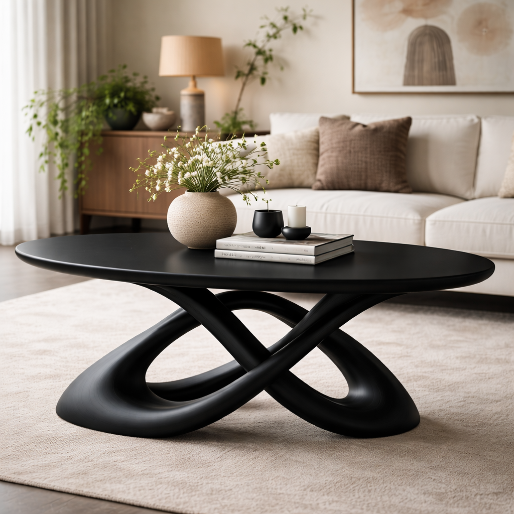 Solid Wood Sculptural Coffee Table with Curved Base