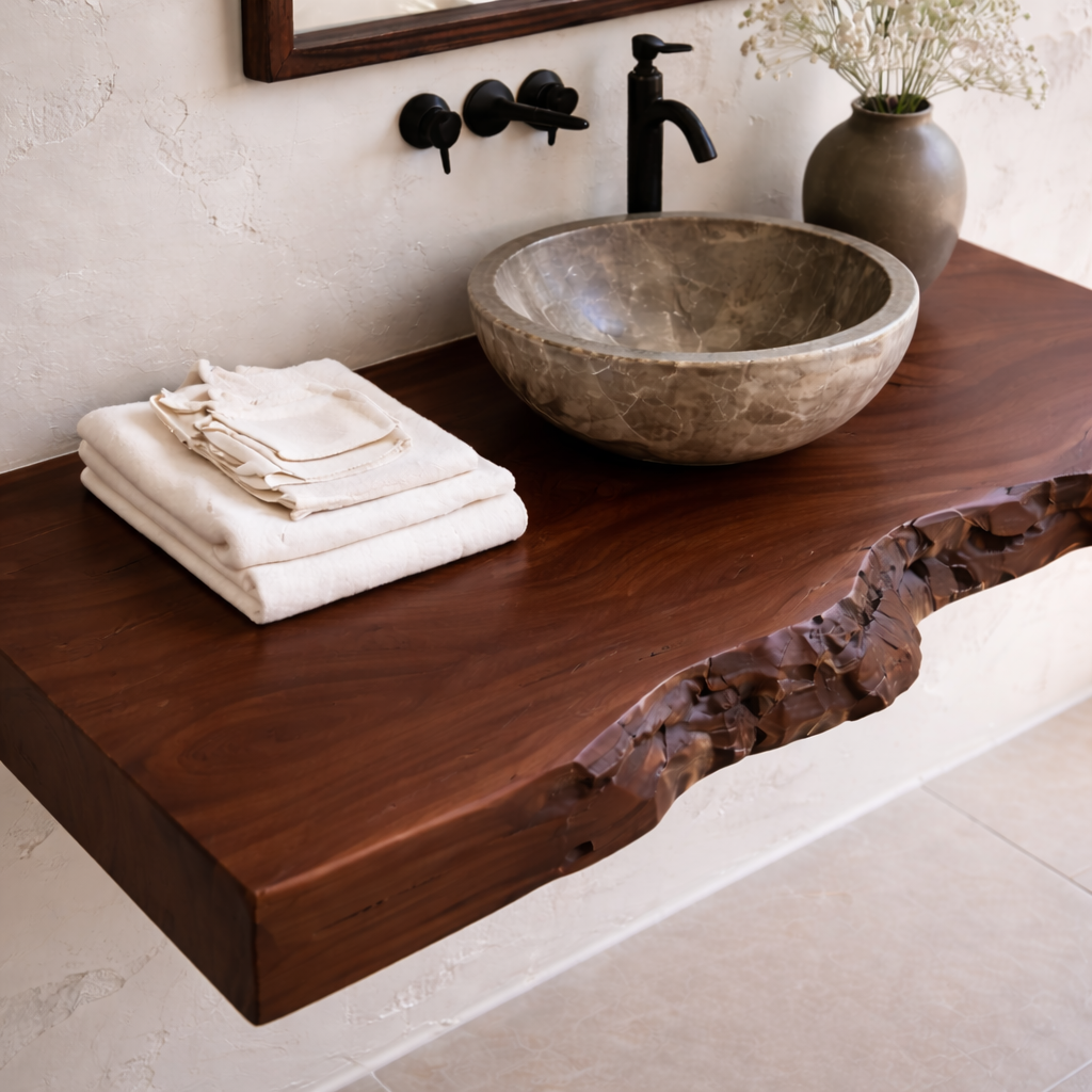 Floating Live Edge Solid Wood Bathroom Vanity Countertop