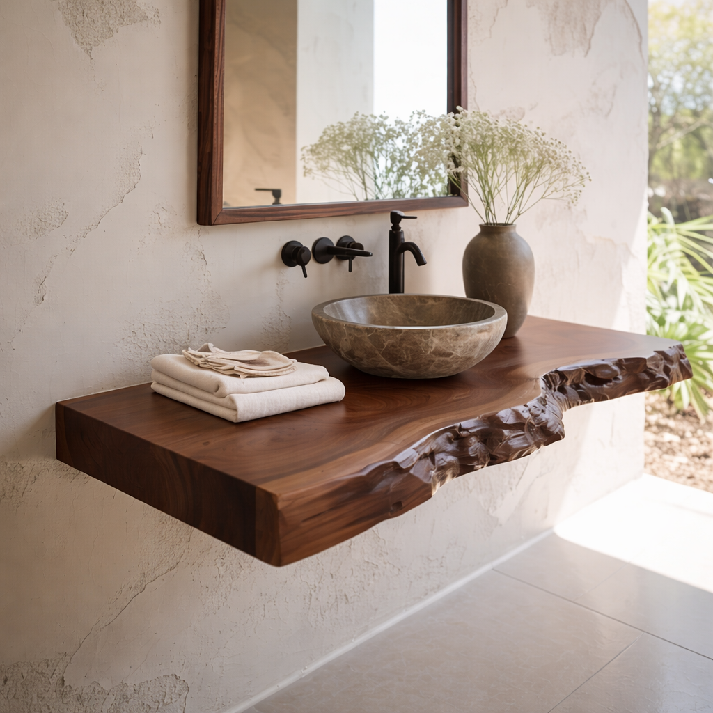 Floating Live Edge Solid Wood Bathroom Vanity Countertop