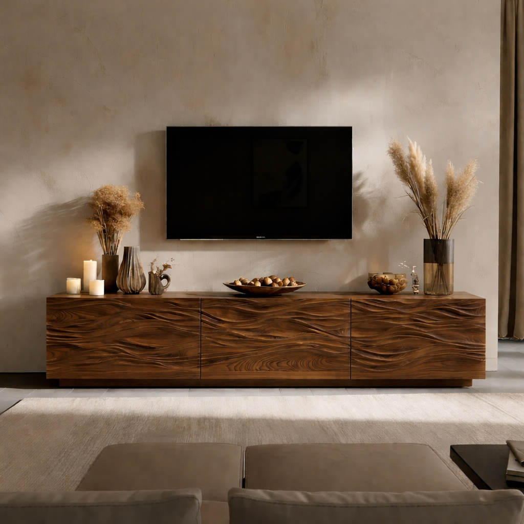 Solid Wood TV Stand Modern Oak Media Console with Wave Carved Doors and Storage