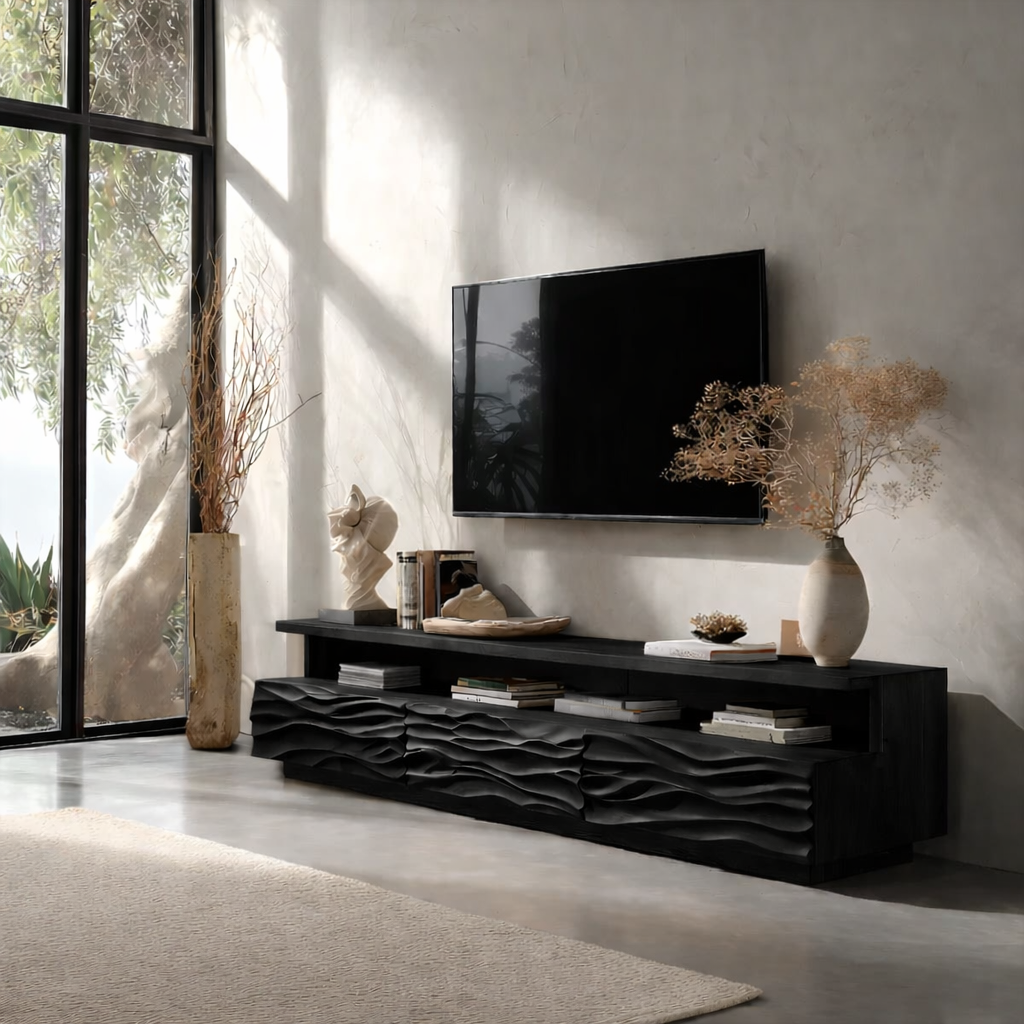 Solid Wood TV Stand Modern Oak Media Console with Carved Wave Doors and Storage