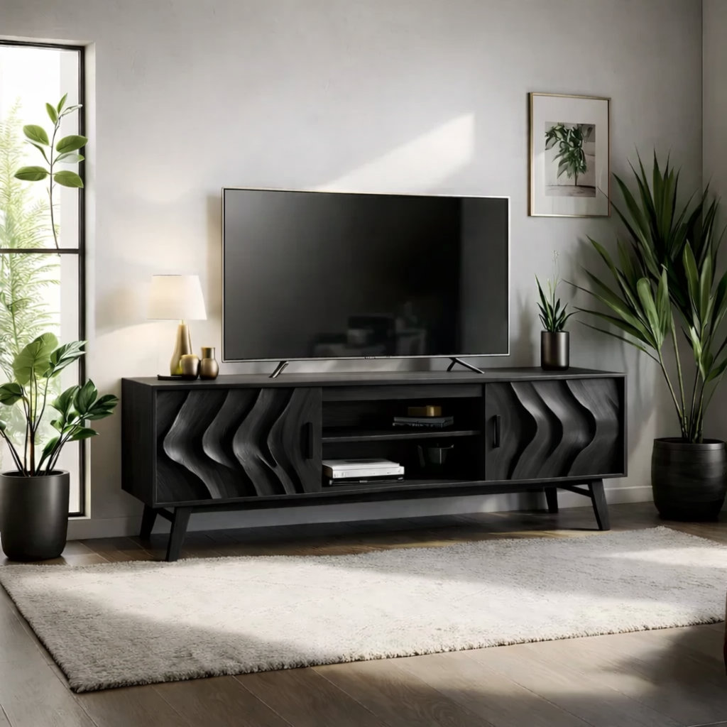 Solid Wood TV Stand Modern Walnut Media Console with Wave Doors and Storage
