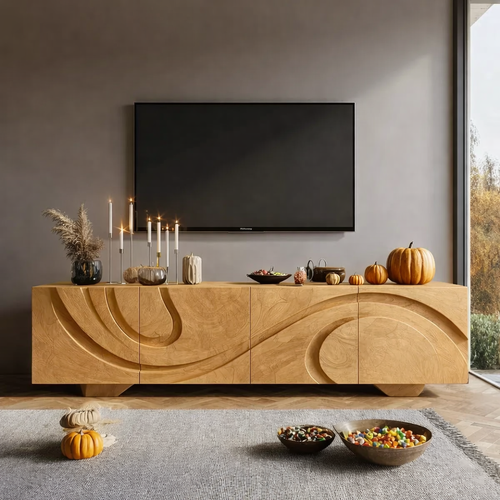 Solid Wood TV Stand Modern Walnut Media Console with Sculpted Doors and Storage