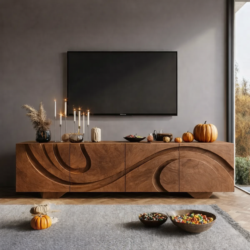 Solid Wood TV Stand Modern Walnut Media Console with Sculpted Doors and Storage
