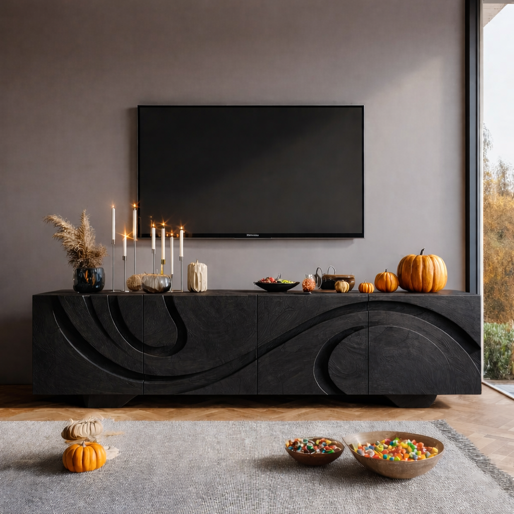 Solid Wood TV Stand Modern Walnut Media Console with Sculpted Doors and Storage