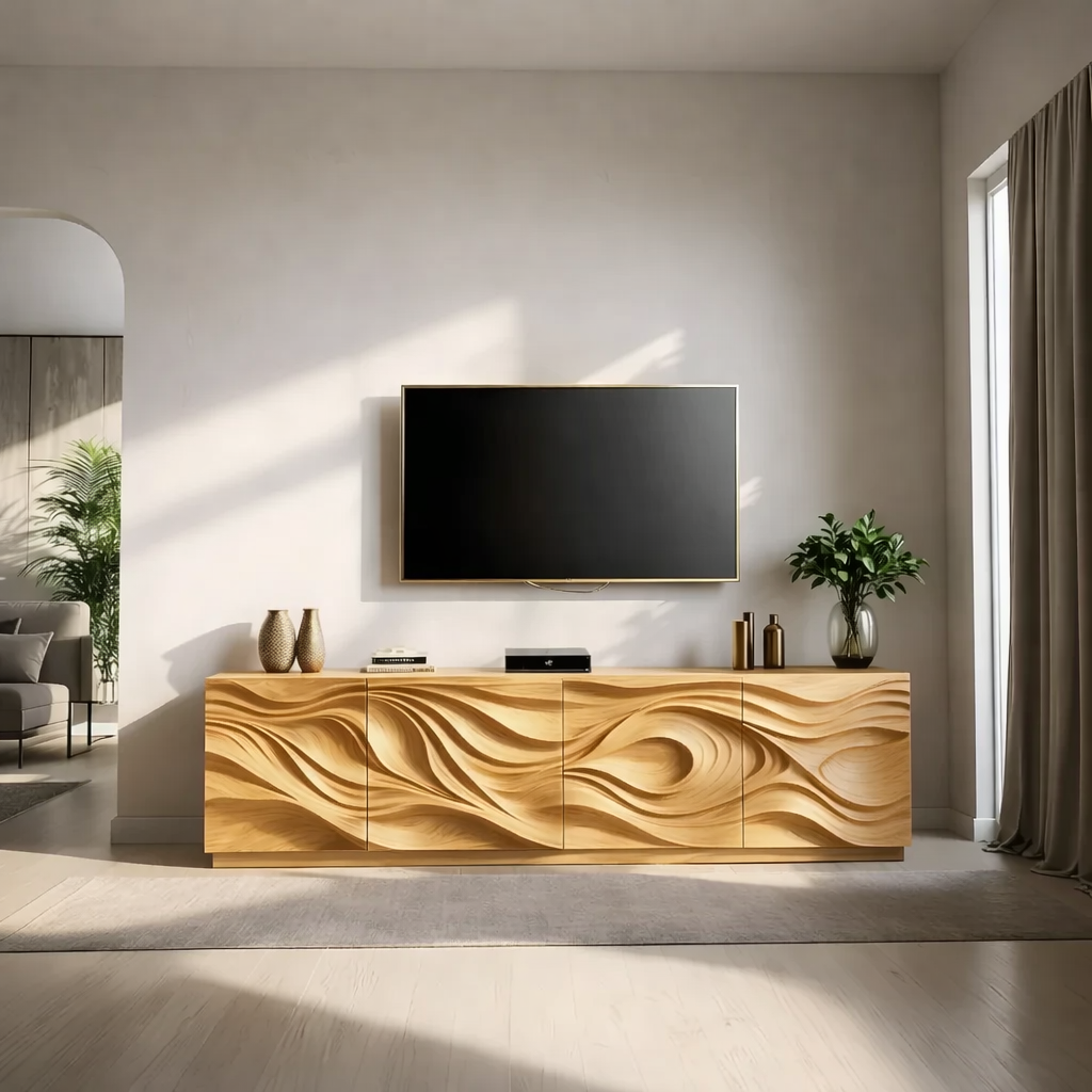 Solid Wood TV Stand Modern Walnut Media Console with Sculpted Wave Doors and Storage