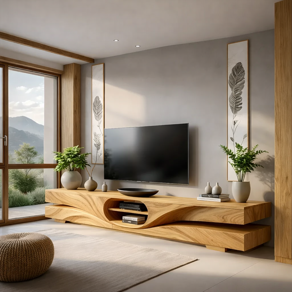 Solid Wood TV Stand Modern Walnut Floating Media Console with Open Storage