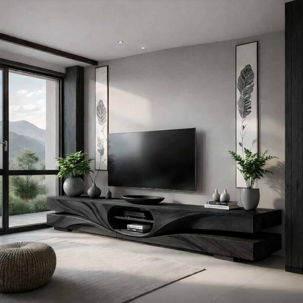 Solid Wood TV Stand Modern Walnut Floating Media Console with Open Storage