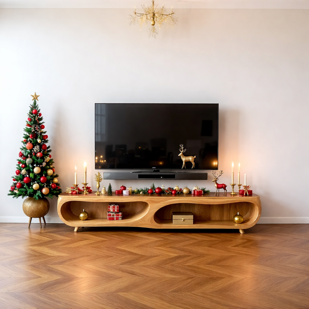 Solid Wood TV Stand Modern Walnut Media Console with Curved Open Storage