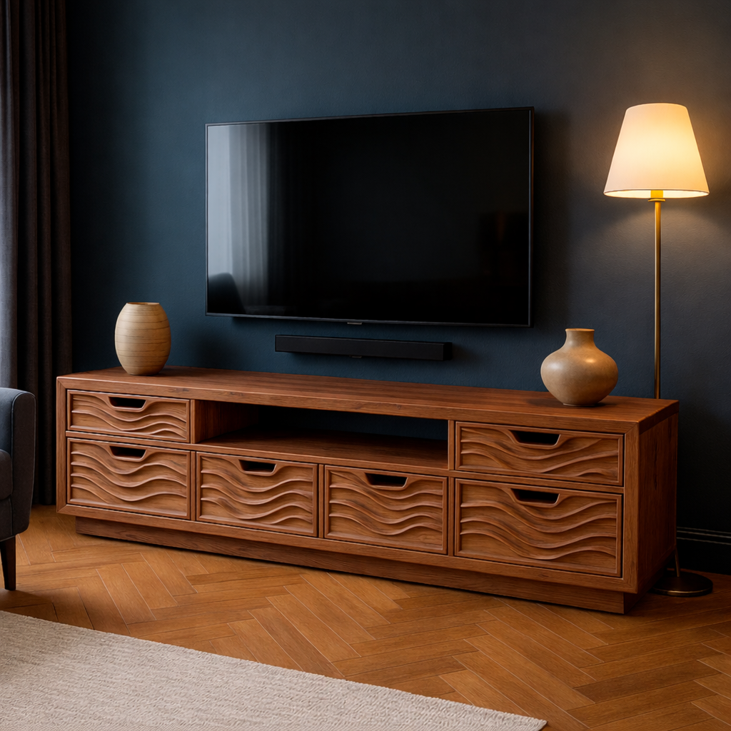 Solid Wood TV Stand Modern Oak Media Console with Wave Drawers and Storage