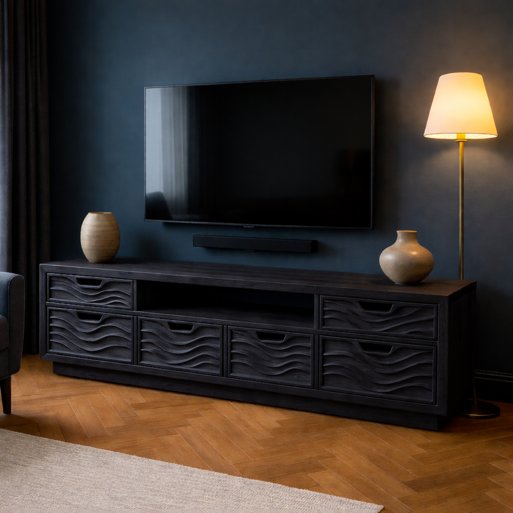 Solid Wood TV Stand Modern Oak Media Console with Wave Drawers and Storage