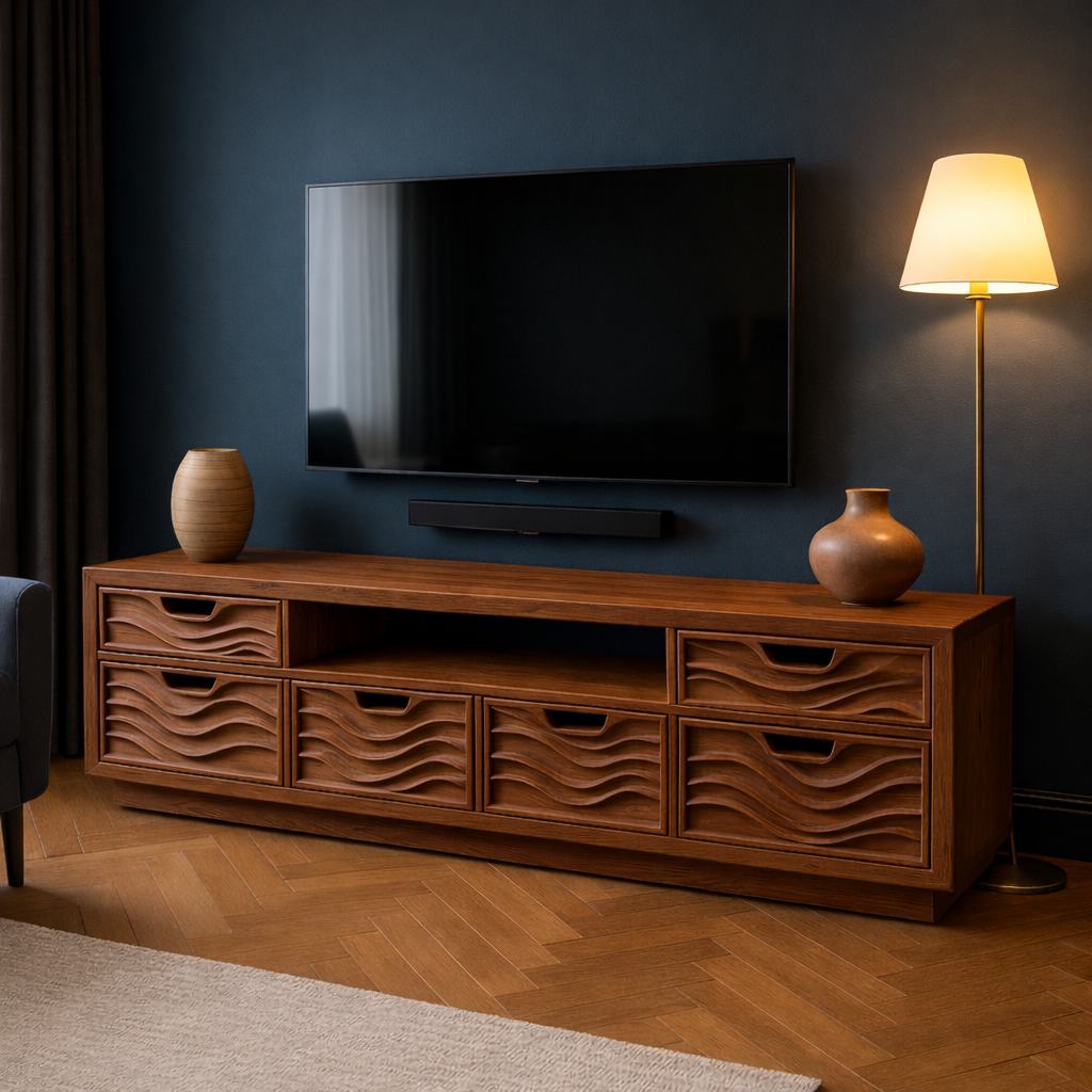 Solid Wood TV Stand Modern Oak Media Console with Wave Drawers and Storage