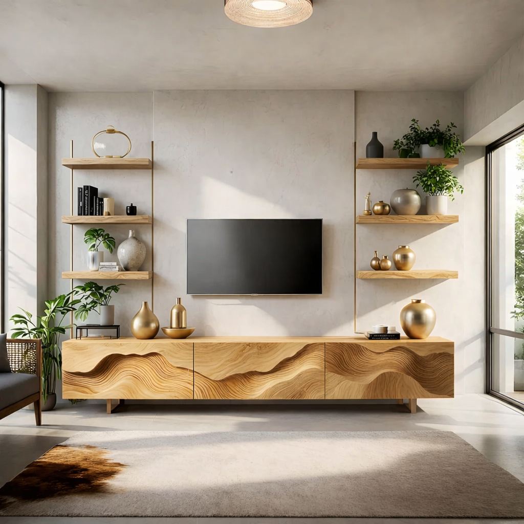 Solid Wood TV Stand Modern Walnut Media Console with Sculpted Wave Doors