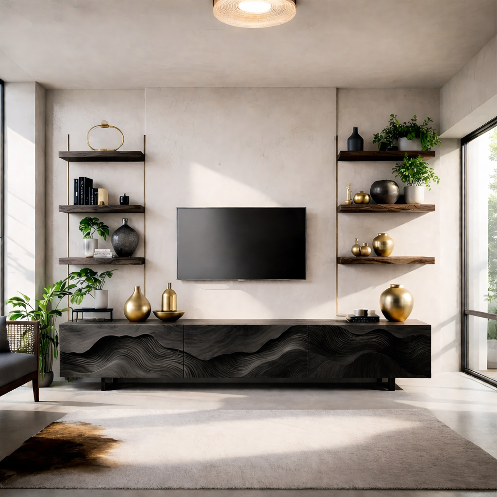 Solid Wood TV Stand Modern Walnut Media Console with Sculpted Wave Doors