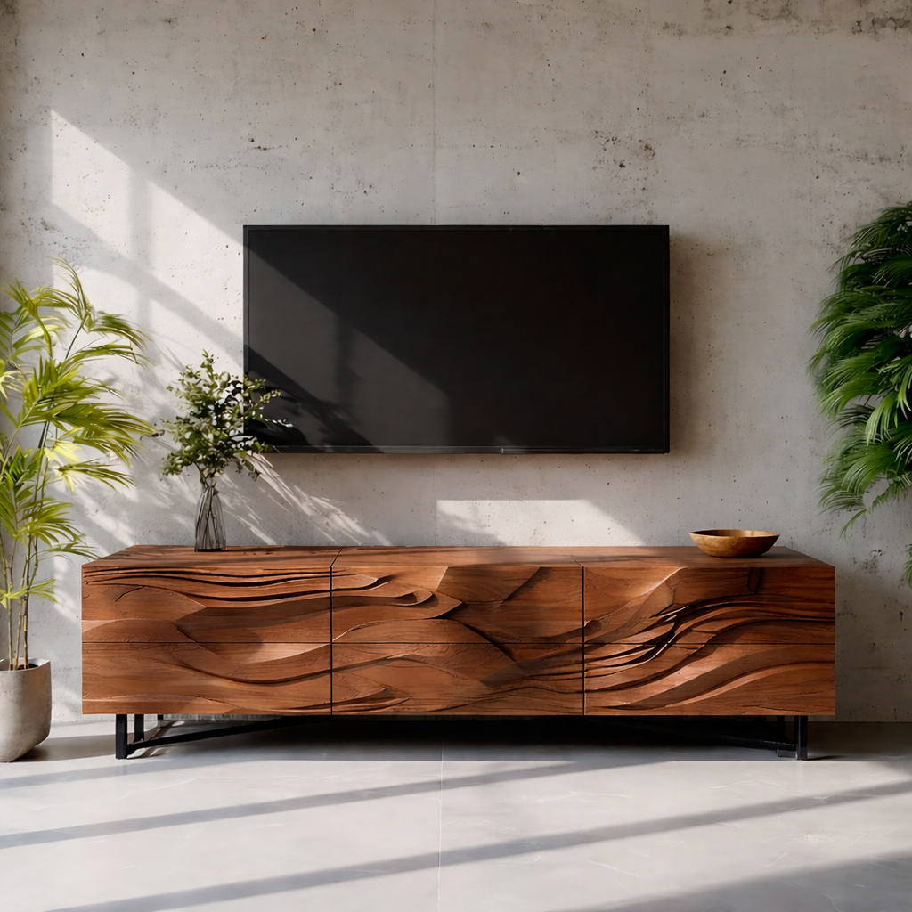 Solid Wood TV Stand Modern Walnut Media Console with Sculpted Wave Doors