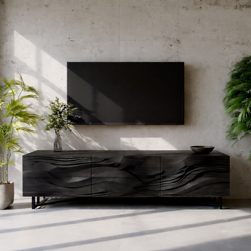 Solid Wood TV Stand Modern Walnut Media Console with Sculpted Wave Doors