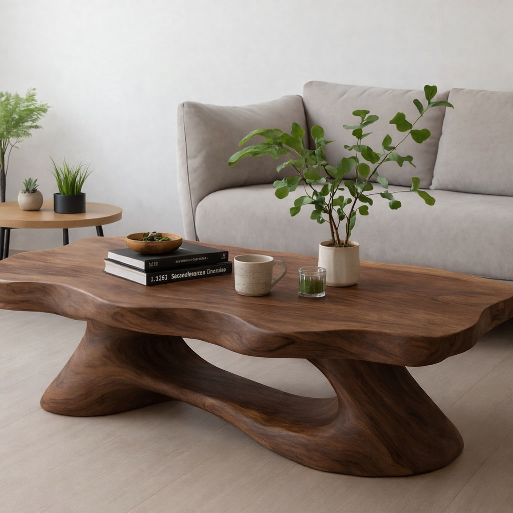 Solid Wood Coffee Table Modern Live Edge Natural Wood with Sculptural Base