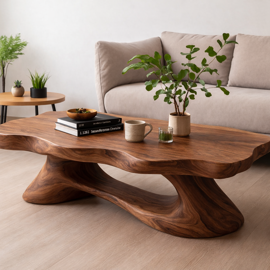Solid Wood Coffee Table Modern Live Edge Natural Wood with Sculptural Base