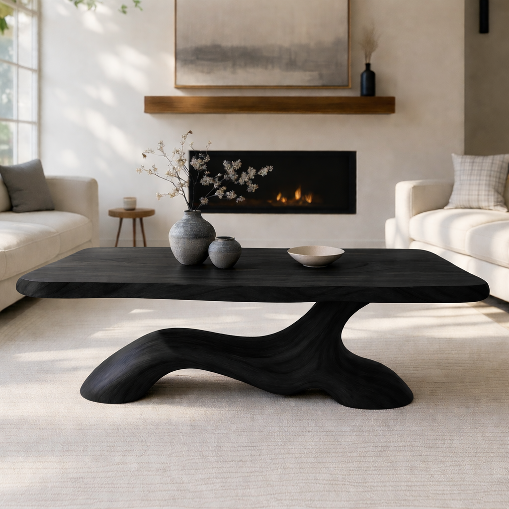 Solid Wood Coffee Table Modern Sculptural Base Natural Wood Design