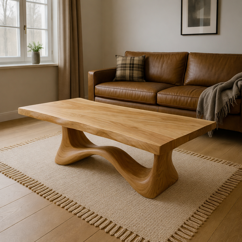Solid Wood Coffee Table Modern Walnut with Sculptural Curved Base