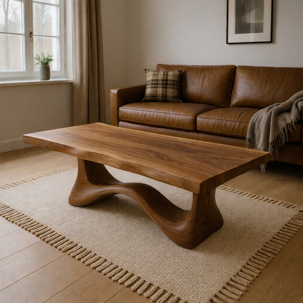Solid Wood Coffee Table Modern Walnut with Sculptural Curved Base