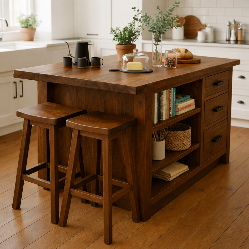 Live Edge Solid Wood Kitchen Island with Drawers - Rustic Farmhouse Butcher Block Prep Station