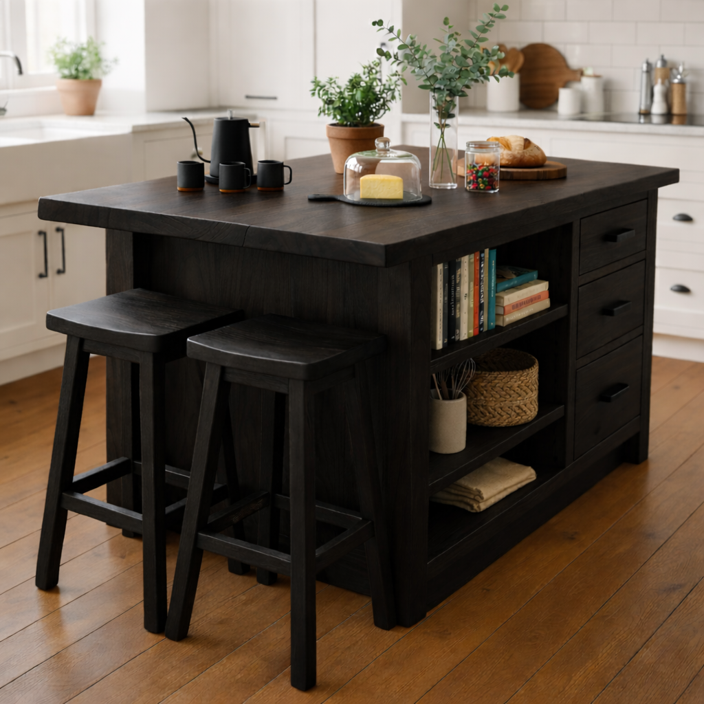 Live Edge Solid Wood Kitchen Island with Drawers - Rustic Farmhouse Butcher Block Prep Station