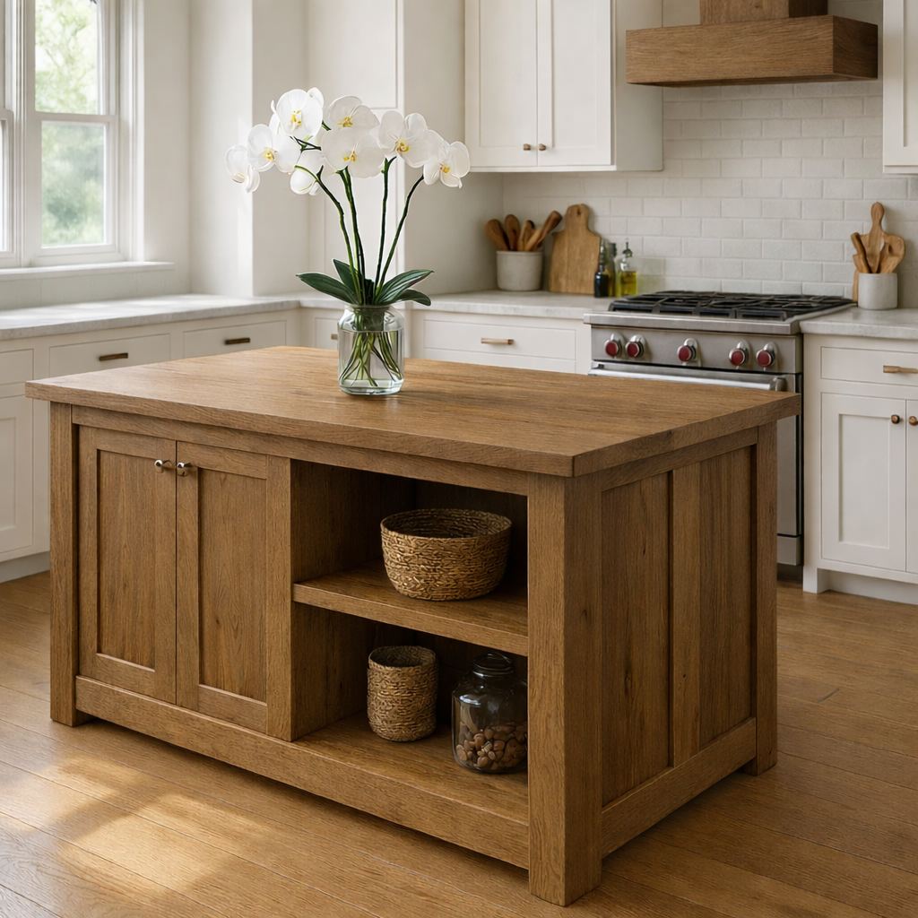 Live Edge Solid Wood Kitchen Island - Rustic Farmhouse Butcher Block Prep Table with Storage
