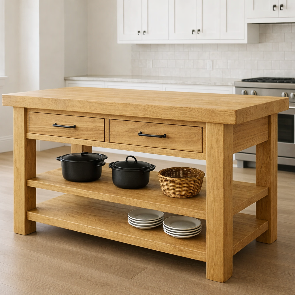 Live Edge Solid Wood Kitchen Island - Rustic Farmhouse Butcher Block Prep Table with Storage