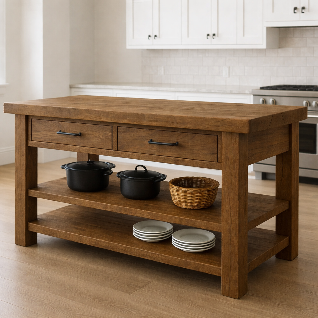 Live Edge Solid Wood Kitchen Island - Rustic Farmhouse Butcher Block Prep Table with Storage