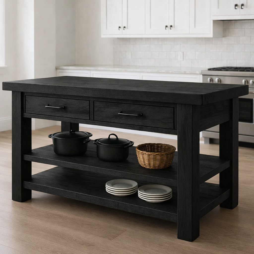 Live Edge Solid Wood Kitchen Island - Rustic Farmhouse Butcher Block Prep Table with Storage
