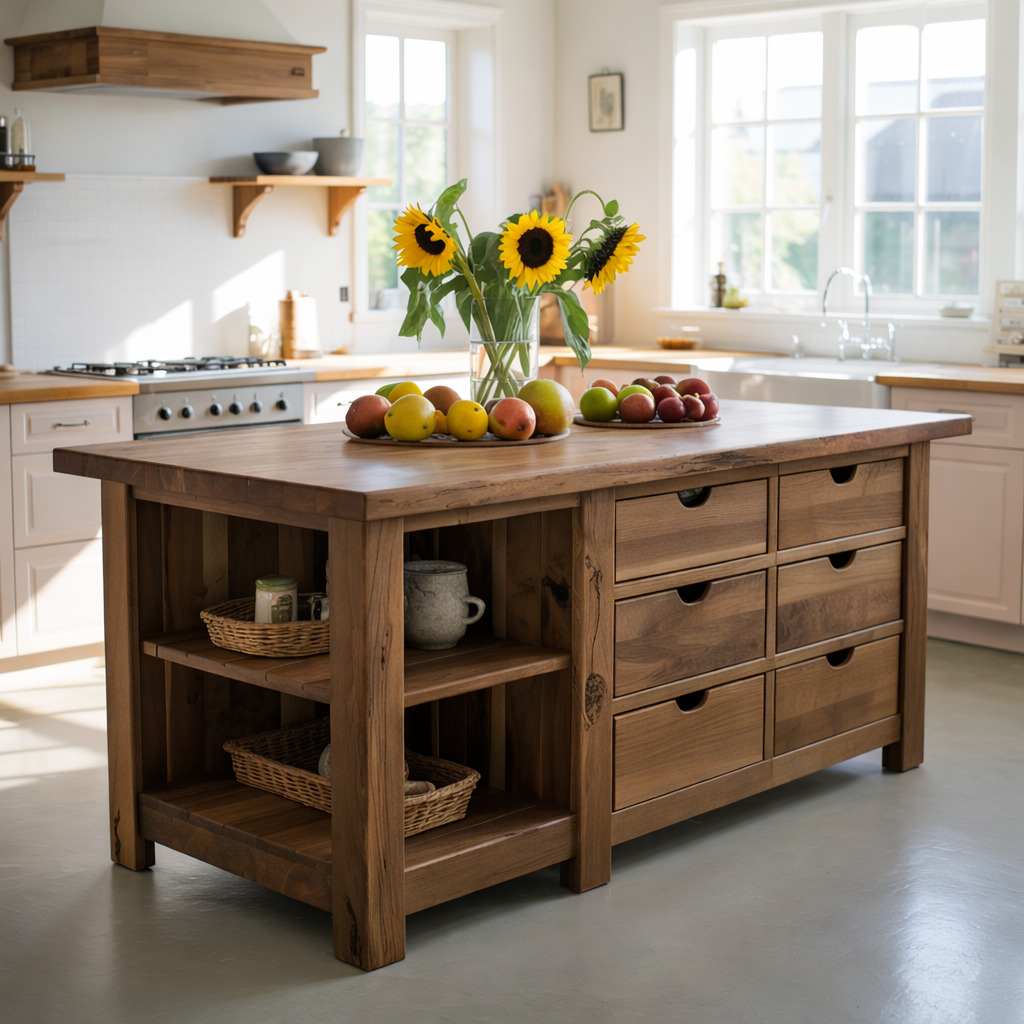 Live Edge Solid Wood Kitchen Island - Rustic Farmhouse Butcher Block Prep Table with Storage