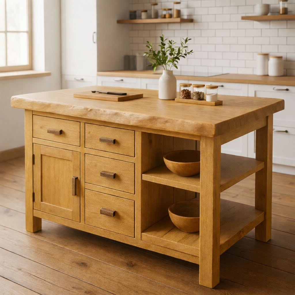 Rustic Solid Wood Kitchen Island with Storage Drawers and Open Shelving