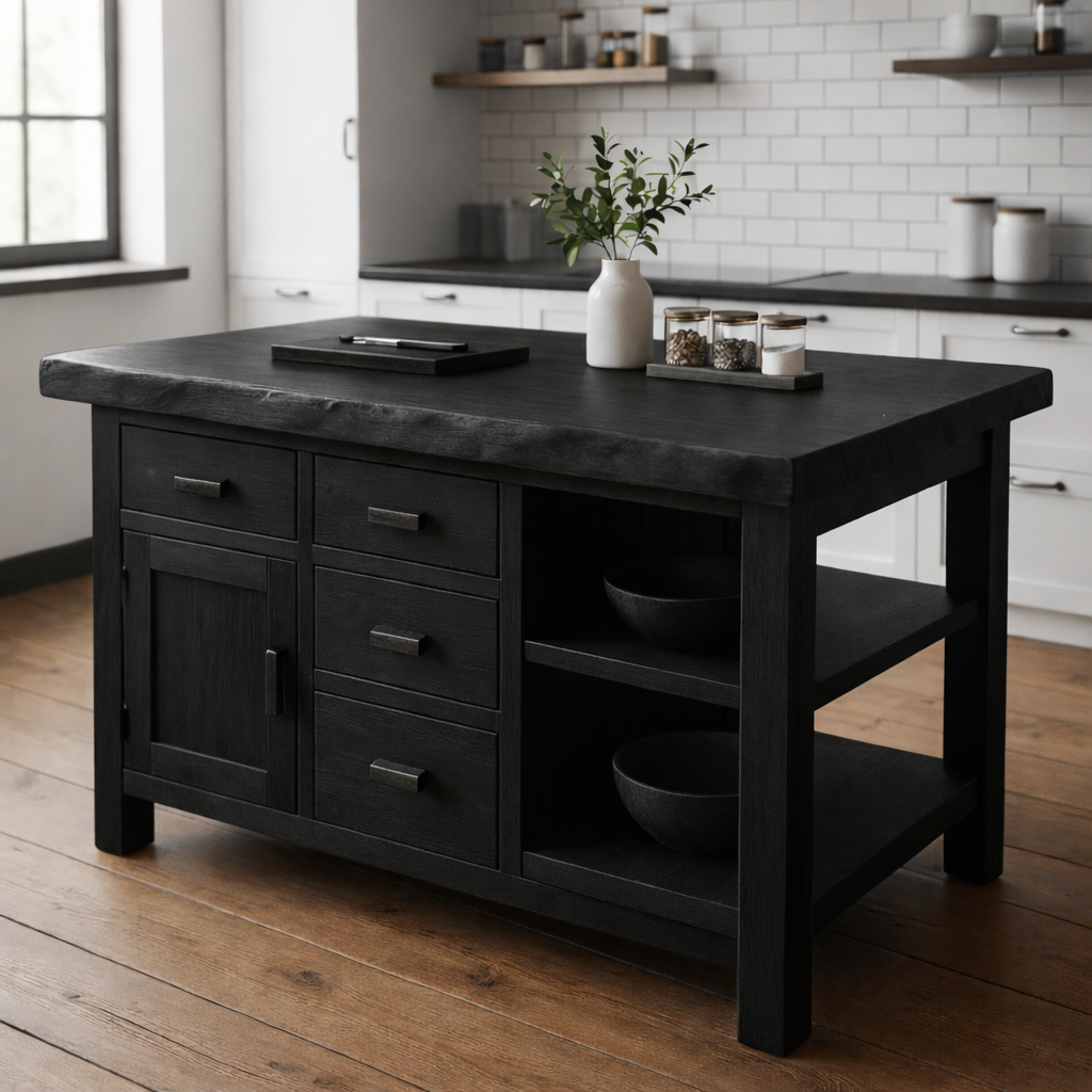 Rustic Solid Wood Kitchen Island with Storage Drawers and Open Shelving