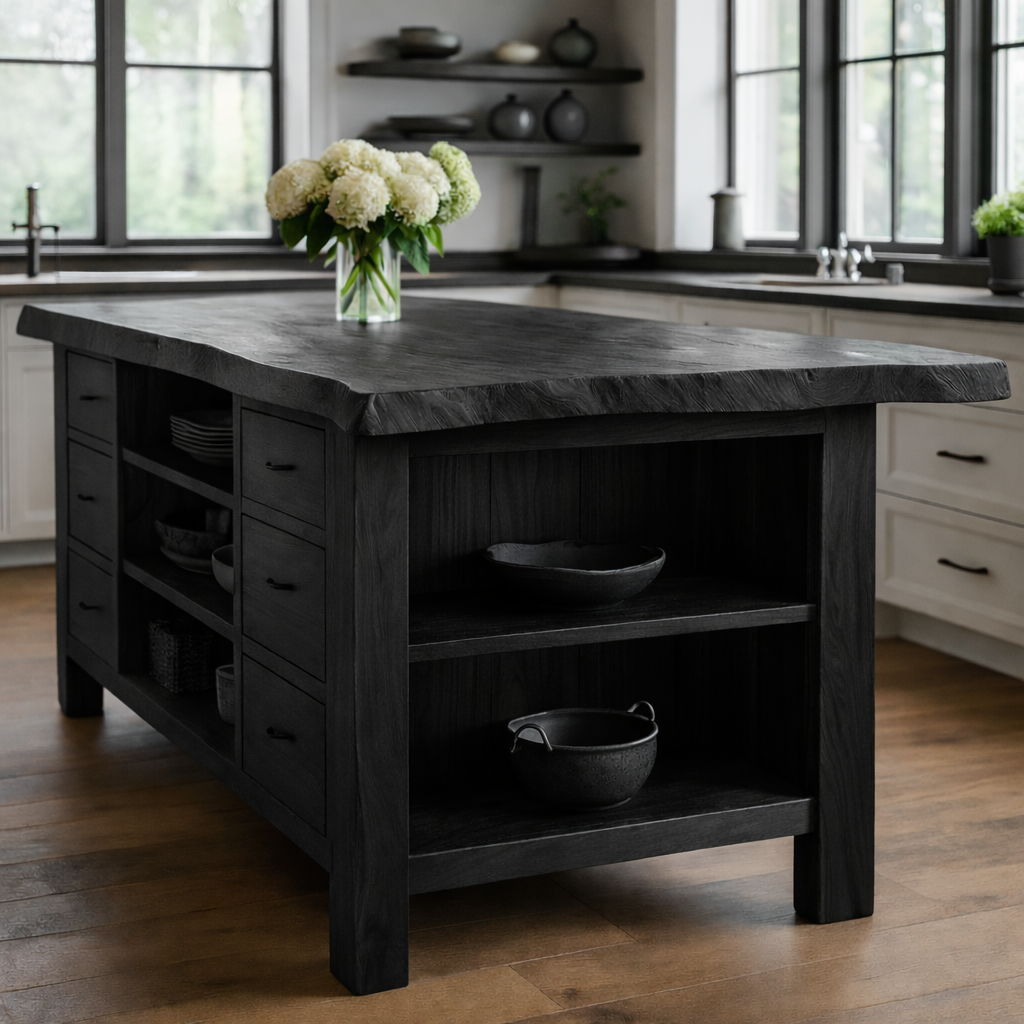 Rustic Solid Wood Kitchen Island with Live Edge Top, Storage Drawers & Open Shelving