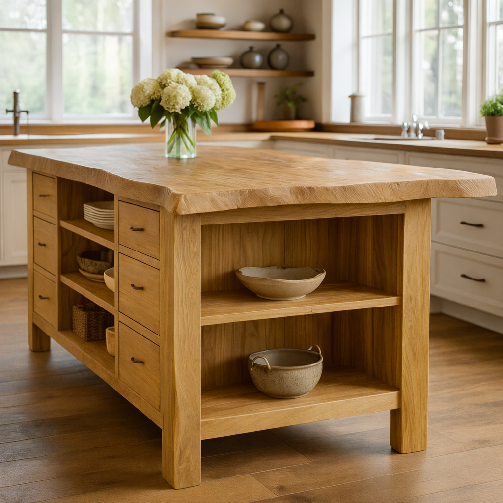 Rustic Solid Wood Kitchen Island with Live Edge Top, Storage Drawers & Open Shelving