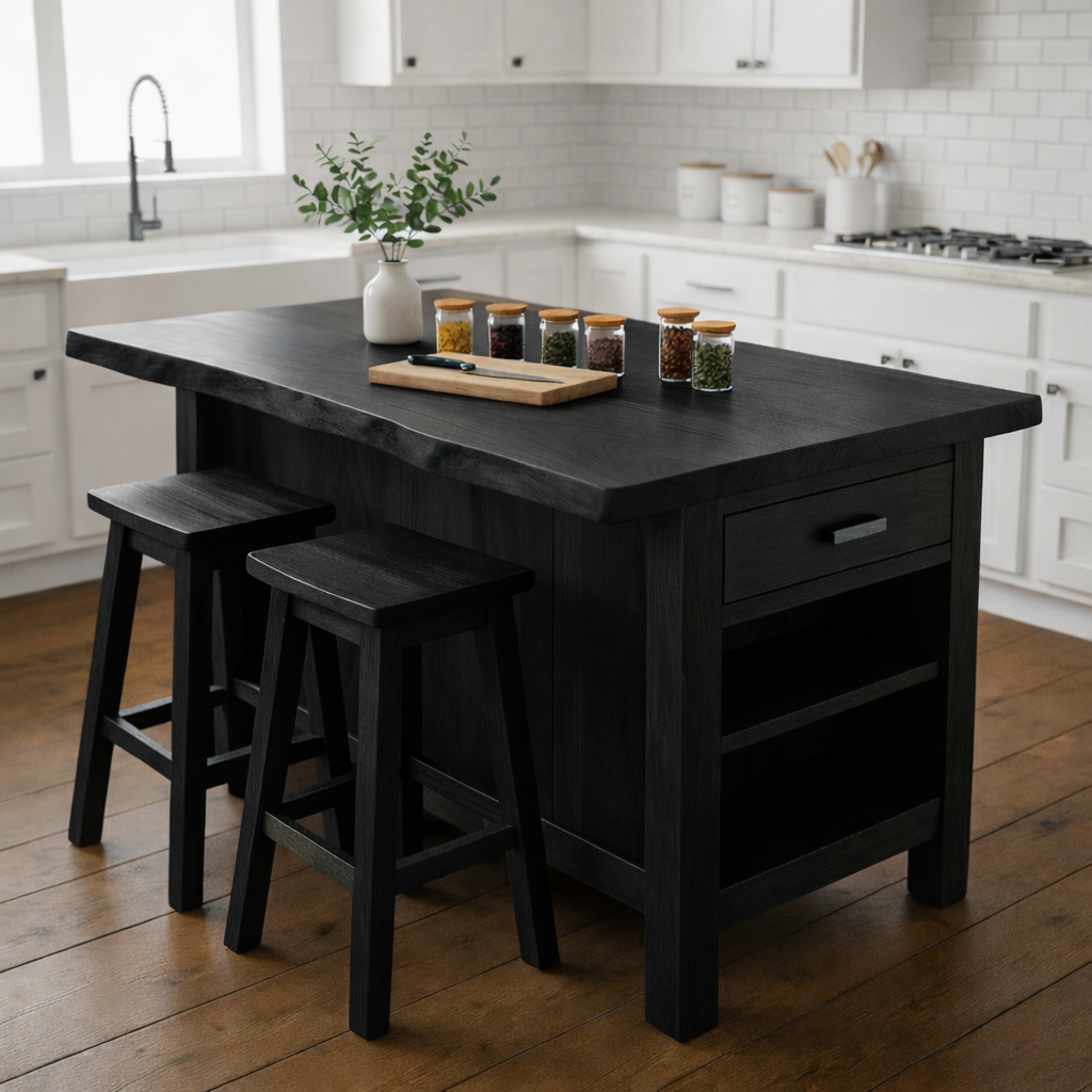Solid Wood Kitchen Island with Seating, Drawer & Open Shelves – Rustic Modern