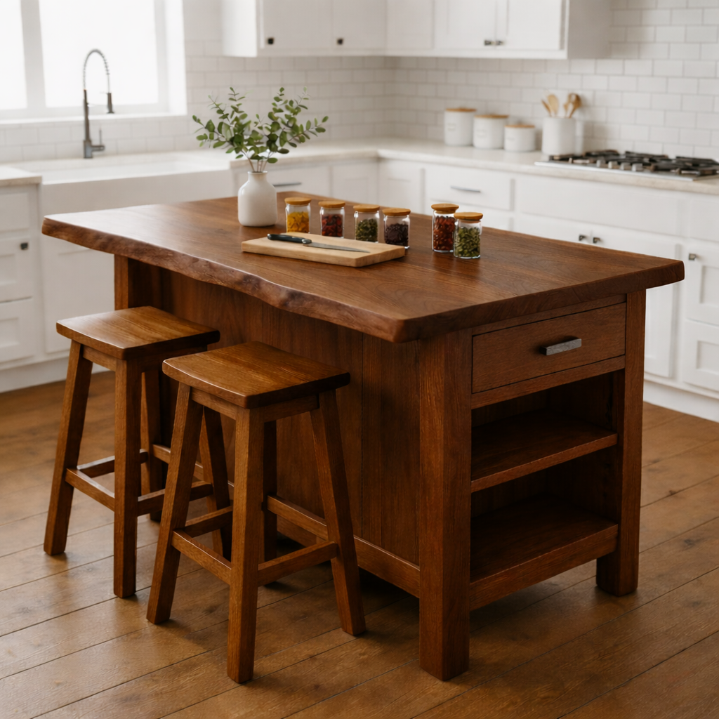 Solid Wood Kitchen Island with Seating, Drawer & Open Shelves – Rustic Modern