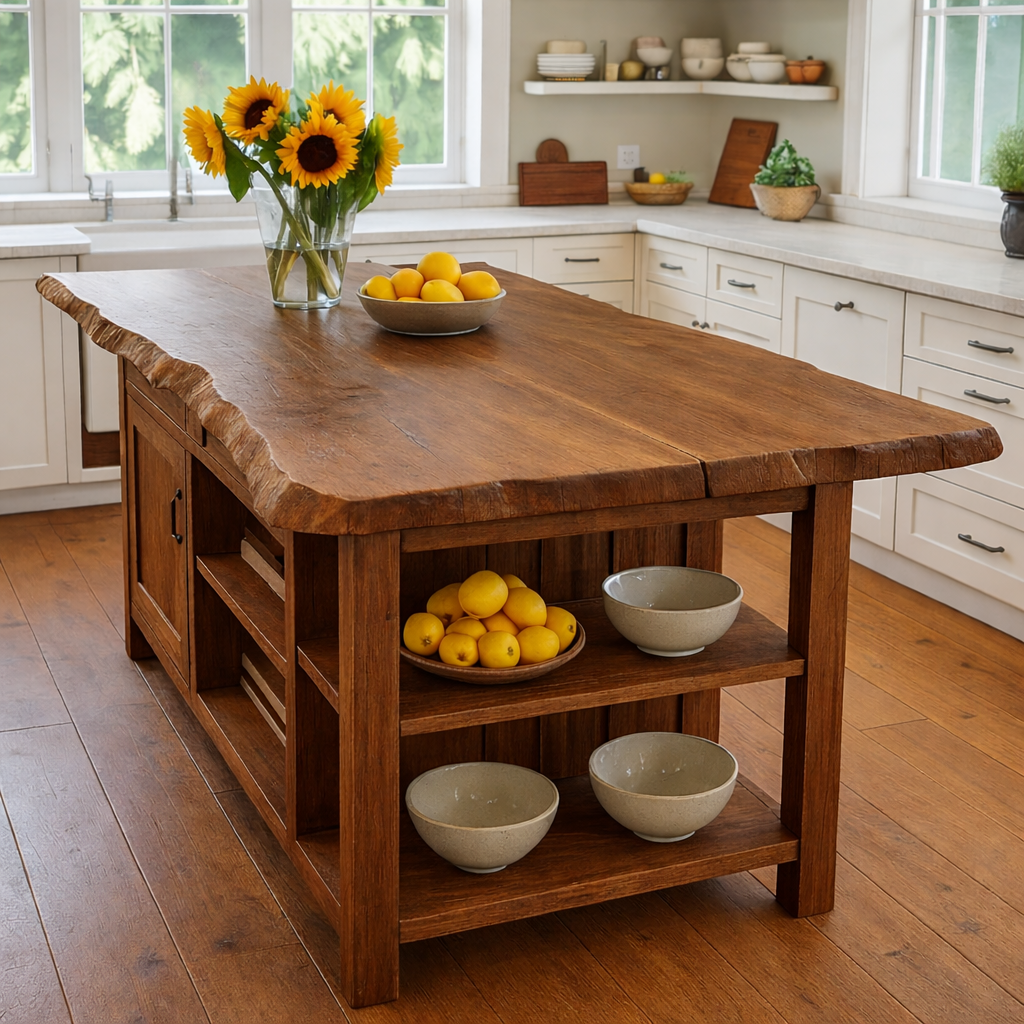 Live Edge Solid Wood Kitchen Island with Storage Shelves – Rustic Farmhouse