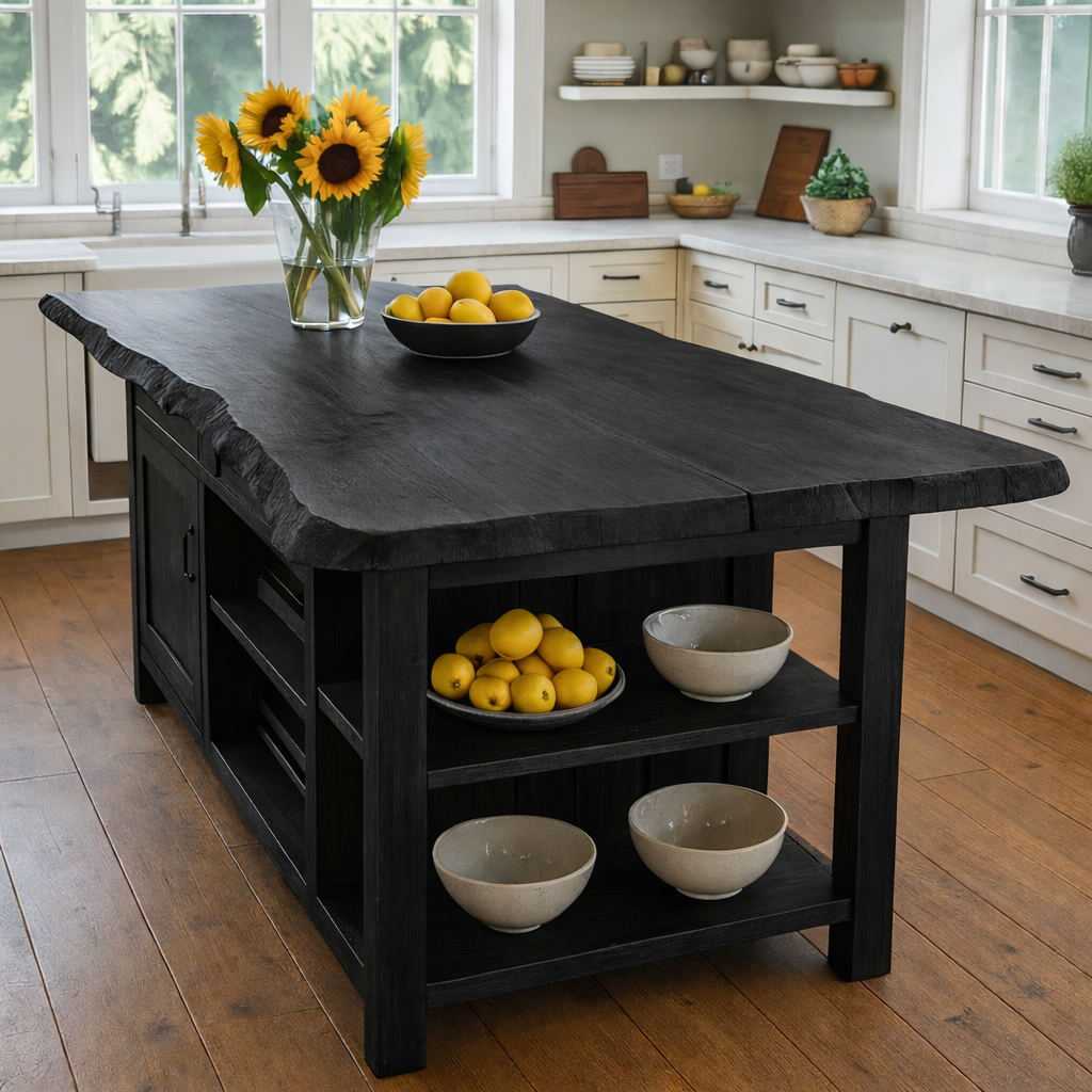 Live Edge Solid Wood Kitchen Island with Storage Shelves – Rustic Farmhouse