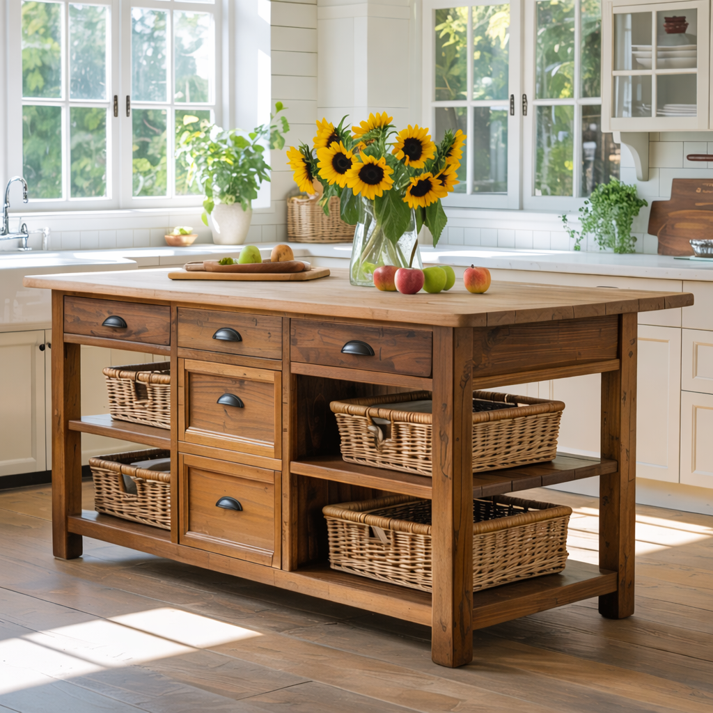 Solid Wood Kitchen Island with Drawers & Basket Storage – Farmhouse Prep Table