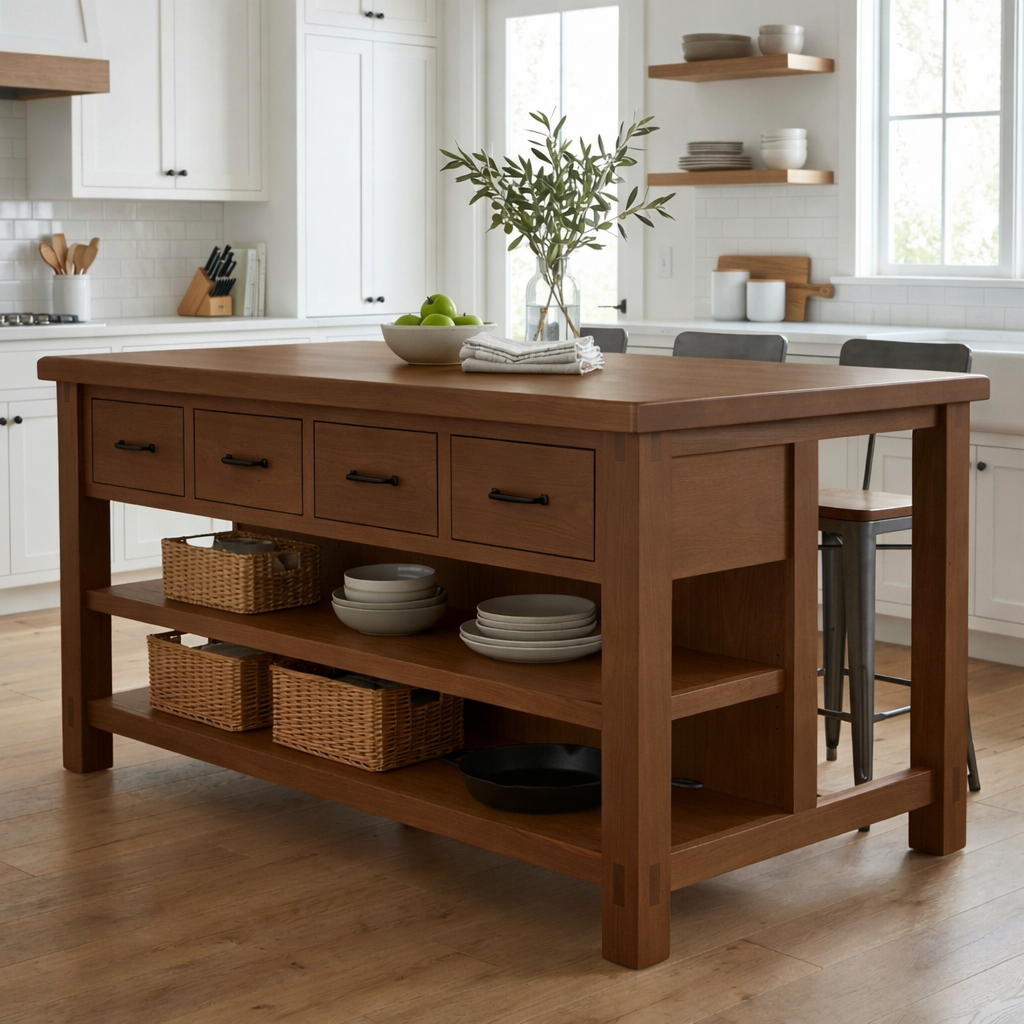 Solid Wood Kitchen Island with Drawers and Open Shelves – Farmhouse Butcher Block Prep Table