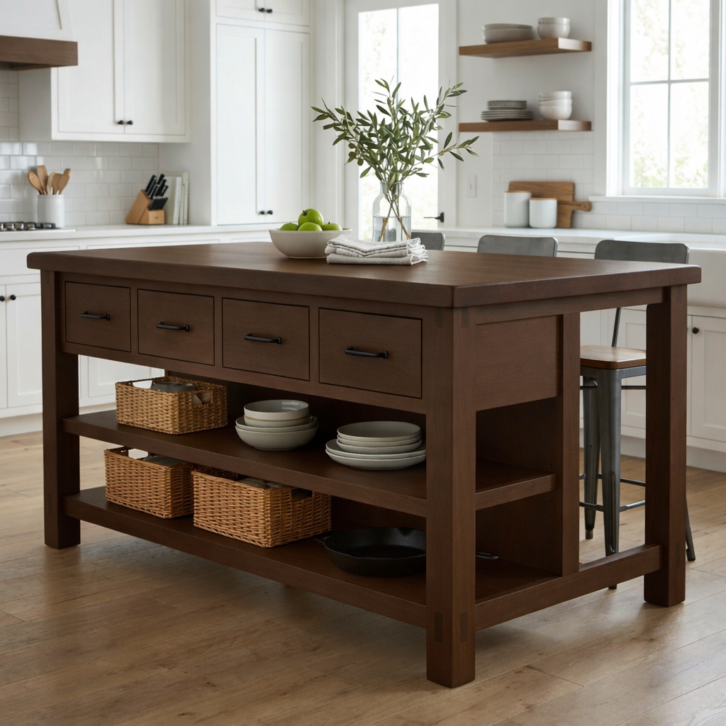 Solid Wood Kitchen Island with Drawers and Open Shelves – Farmhouse Butcher Block Prep Table