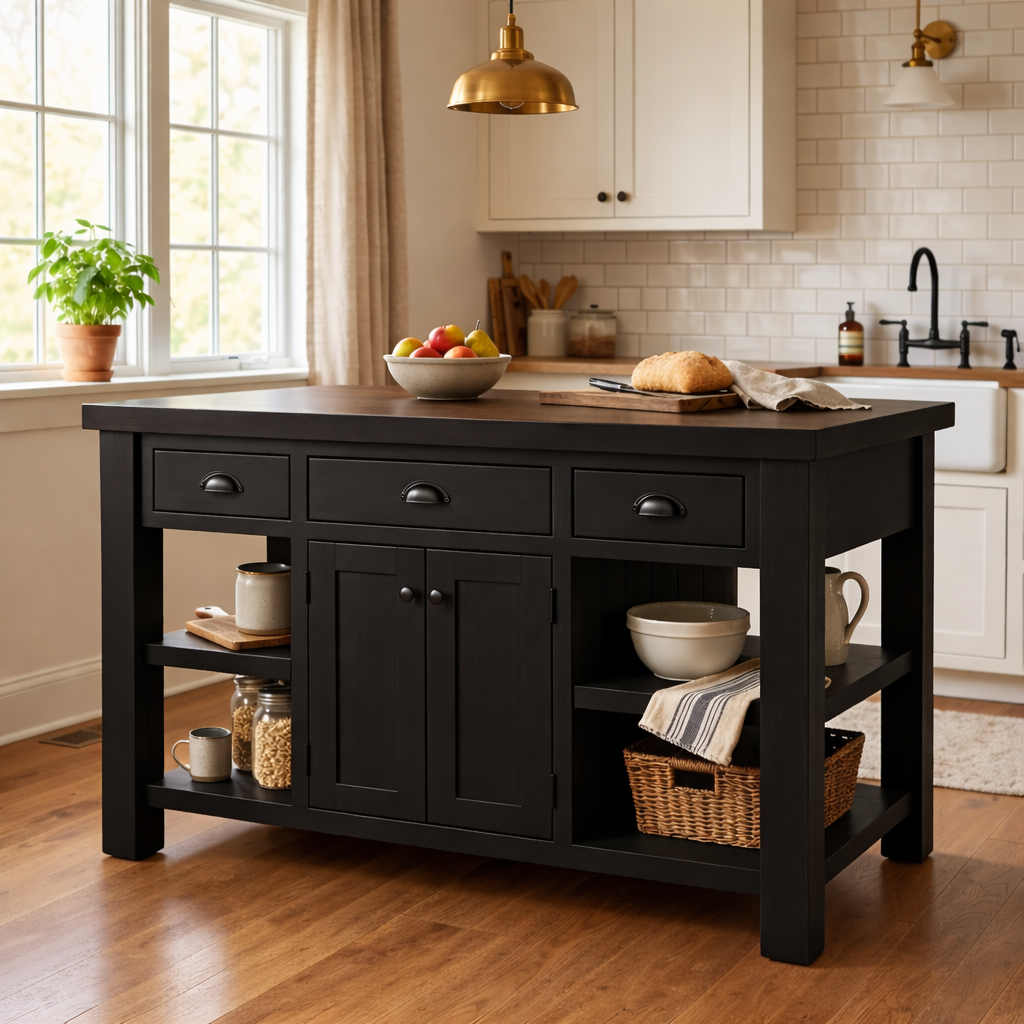 Farmhouse Solid Wood Kitchen Island with Drawers, Cabinet and Shelves – Prep Table
