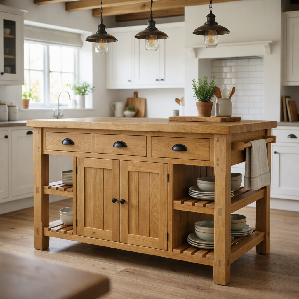 Farmhouse Solid Wood Kitchen Island with 3 Drawers, Cabinet and Open Shelves