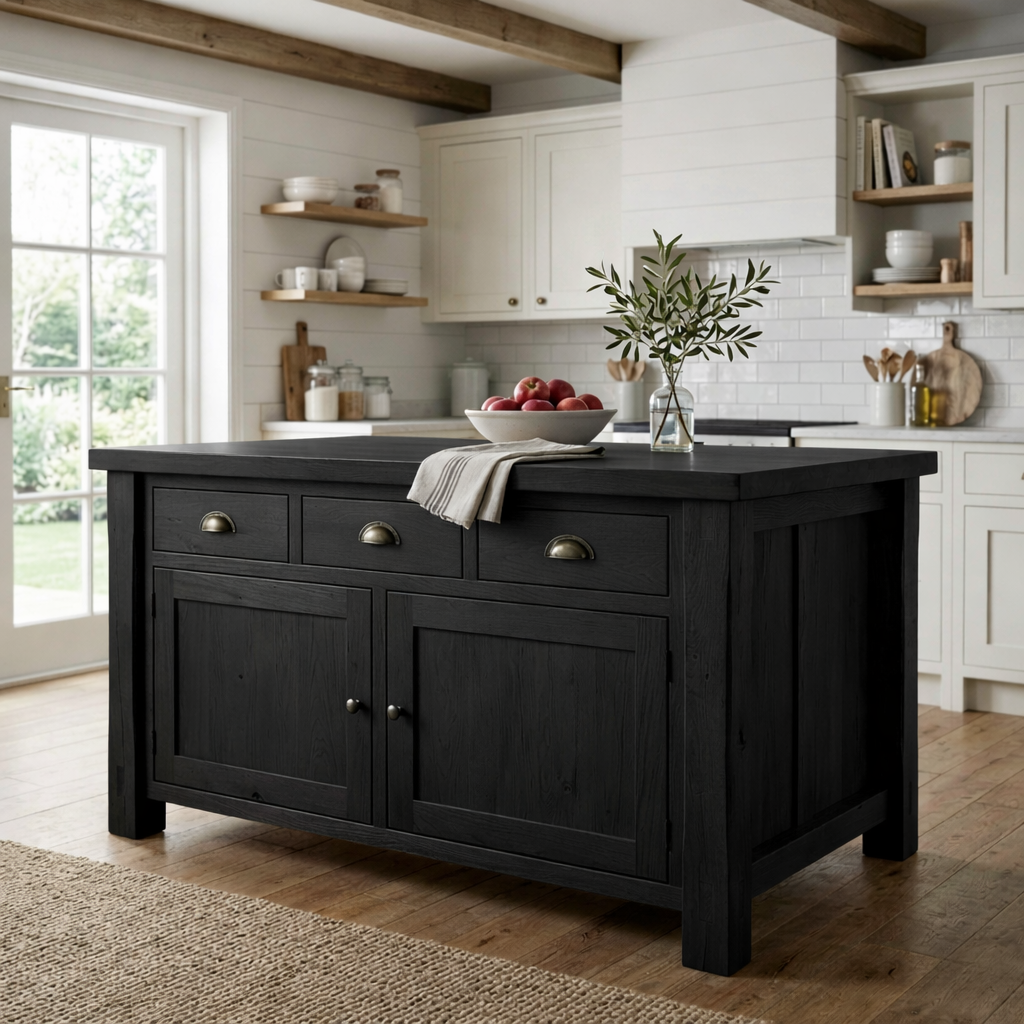 Solid Wood Farmhouse Kitchen Island with 3 Drawers and Double Cabinet Storage
